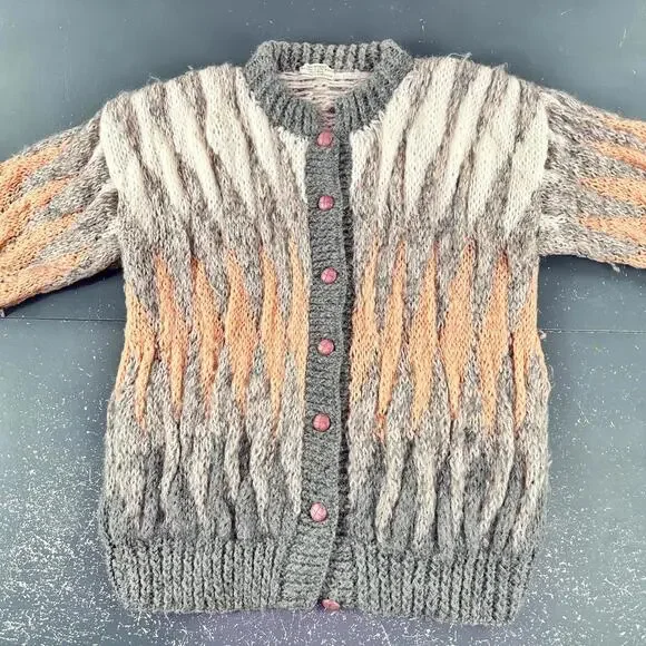 VTG 100% Mohair Cardigan Sweater Orange Gray White Button Front Handmade Chunky - Picture 2 of 10